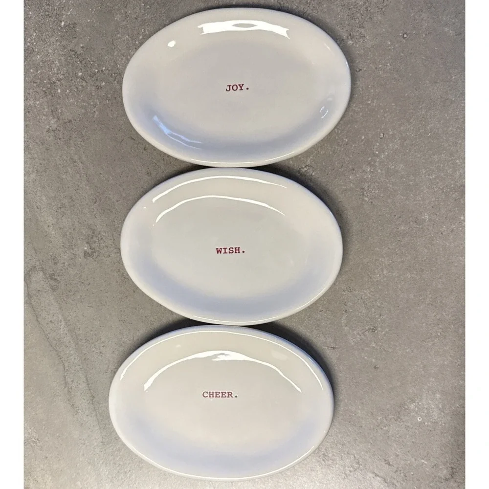 Rae Dunn Magenta Holiday Plates Joy Wish Cheer Oval Artisan Collection White Red